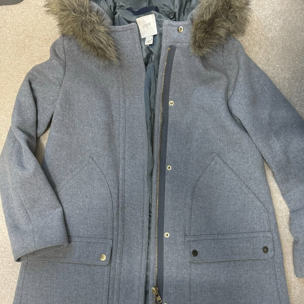 J Crew Vail Parka Wool Blend Coat Womens Size 4 Hooded Faux Fur Trim Overcoat